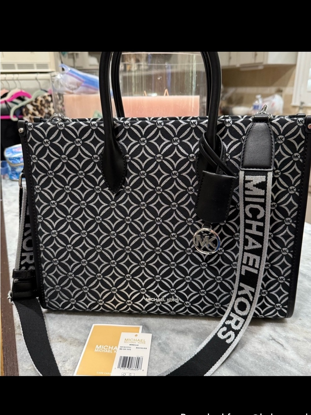 NWT Michael Kors Mirella Medium Metallic Logo Jacquard Tote Bag - Black/Silver